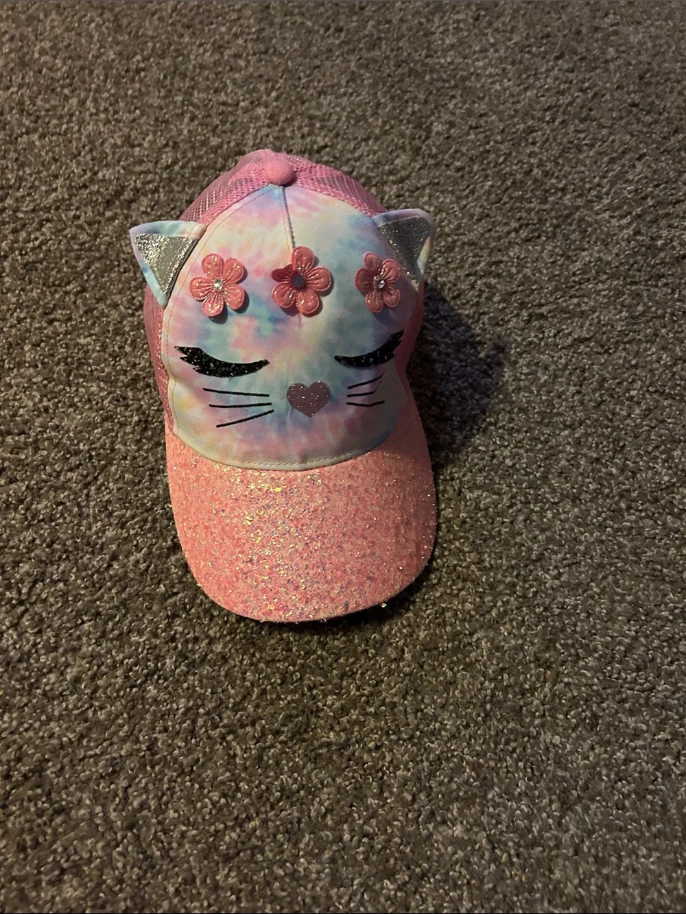 Pink Glitter Kitty Cap with Floral Accents - Kids